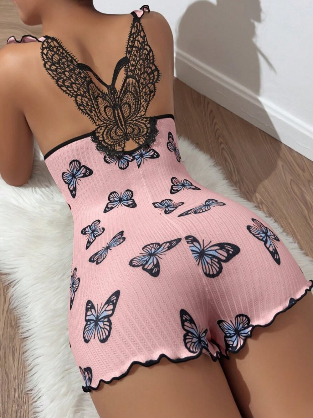 Pink Women's Butterfly Print Pajamas Romper